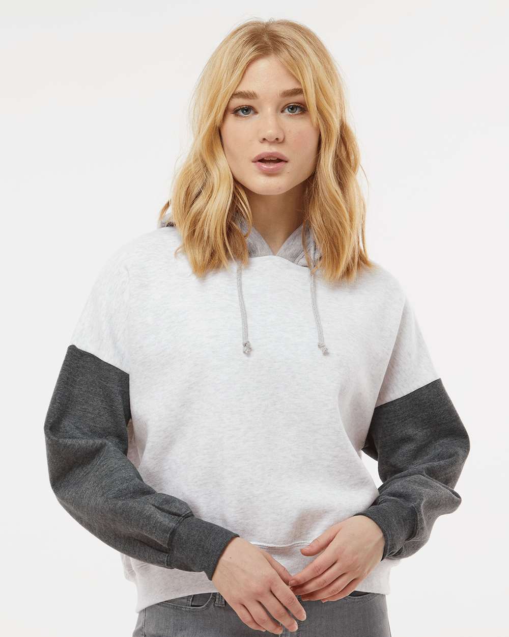 MV Sport-  Women's Sueded Fleece Colorblocked Crop Hooded Sweatshirt - W23716